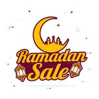 Aufkleber Stil Ramadan Verkauf Schriftart mit Halbmond Mond, Moschee, Laternen auf Weiß Hintergrund. Werbung Poster Design. vektor