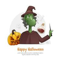 glücklich Halloween Konzept mit Karikatur Hexe halten Magie Zauberstab, Kürbislaterne und Trank auf Weiß Hintergrund. vektor