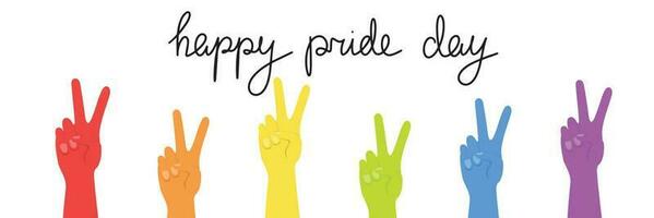 HBTQ begrepp. många Färg regnbåge hand med fred eller seger tecken. Lycklig stolthet dag. HBTQ likvärdig rättigheter rörelse och kön jämlikhet begrepp. vektor illustration