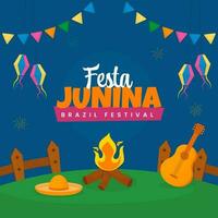 Brasilien festival festa junina firande bakgrund med bål, gitarr, sombrero hatt illustration. vektor