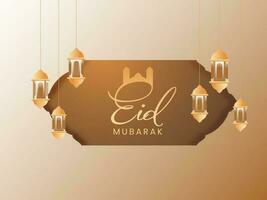 eid mubarak firande begrepp med silhuett moské och hängande lyktor dekorerad på glansig pastell brun bakgrund. vektor