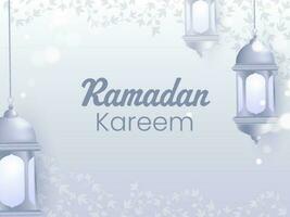 ramadan kareem font med hängande lyktor och löv dekorerad på grå bakgrund. vektor