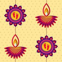 gudinna fotavtryck över mandala eller rangoli och belyst olja lampor hänga på gul prickad bakgrund. vektor