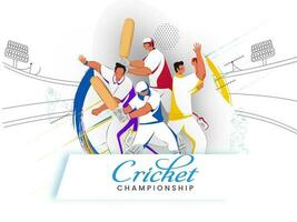 cricket mästerskap begrepp med ansiktslös kricketspelare spelare på vit stadion bakgrund. vektor