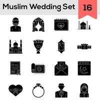 Glyphe Stil Muslim Hochzeit Symbol einstellen auf Weiß Hintergrund. vektor