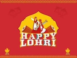 glücklich lohri Schriftart mit Punjabi Paar tun Volk tanzen, Musical Instrument, Lagerfeuer auf Gelb und rot Hintergrund. vektor
