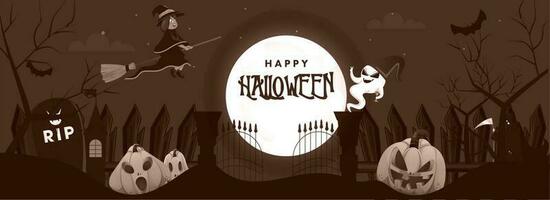 voll Mond Friedhof braun Hintergrund mit fliegend Hexe, Karikatur Geist, unheimlich Kürbisse und grimmig Sensenmann auf das Gelegenheit von Halloween Party. vektor