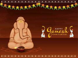 skulptur av herre ganesha tillverkad förbi jord med belyst olja lampa, tutari spelare män och blommig krans på brun bakgrund för Lycklig ganesh chaturthi begrepp. vektor