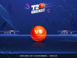 t20 cricket Kolla på leva begrepp med deltar team en mot b, 3d röd boll och silhuett spelare på blå abstrakt Vinka bakgrund. vektor