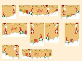 glad jul social media mall och rubrik uppsättning med tecknad serie tomtar, gåva lådor illustration. vektor