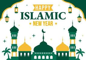 Lycklig Muharram islamic ny år vektor illustration med muslims firande i platt tecknad serie hand dragen landning sida bakgrund mallar