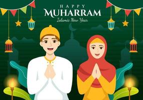 Lycklig Muharram islamic ny år vektor illustration med muslims firande i platt tecknad serie hand dragen landning sida bakgrund mallar