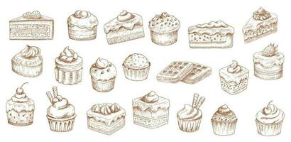 Kuchen skizzieren Symbole, Gebäck Nachspeisen, Bäckerei Süßigkeiten vektor
