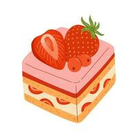 Stück von Kuchen mit ein Erdbeere auf oben. süß Erdbeere Dessert eben Vektor. köstlich Süss Dessert mit Erdbeere Geschmack zum Valentinstag Tag. Vektor Illustration