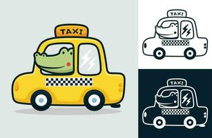 Krokodil auf Gelb Taxi. Vektor Karikatur Illustration im eben Symbol Stil