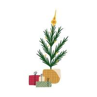 Hand gezeichnet Weihnachten Baum im Korbweide Korb, eben Vektor Illustration isoliert auf Weiß Hintergrund. Stapel von Geschenk Kisten unter dekoriert Tanne Baum. Winter Urlaub Feier.