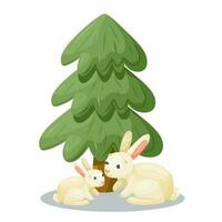 zwei süß Kaninchen unter immergrün Baum. Vektor Karikatur Illustration. Mutter und Baby Kaninchen.