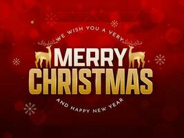 glad jul och Lycklig ny år lyckönskningar med gyllene två ren och snöflingor på röd bokeh bakgrund. vektor