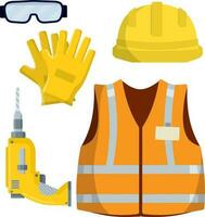 Kleidung und Werkzeuge das Arbeiter und das Baumeister. Orange Uniform, Handschuhe, bohren, Brille und Helm. industriell Sicherheit. Kit Artikel und Objekte. Art von Beruf. Karikatur eben Illustration vektor