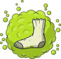 smutsig strumpa. slarvig kläder. illaluktande tå. grå objekt för tvättning. tecknad serie platt illustration. grön bubbla syra moln. stinkande fötter. dålig stank vektor