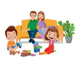 ein Familie spielen mit Spielzeuge im das Leben Zimmer. vektor