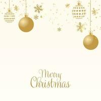 gyllene glad jul font med grannlåt hänga, snöflingor och bokeh fläck på beige bakgrund. vektor