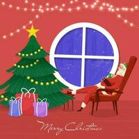 glad jul begrepp med santa claus dricka te på stol, dekorativ xmas träd, gåva lådor och belysning krans på röd bakgrund. vektor