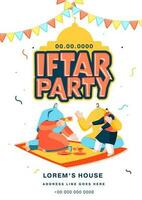 iftar Party Flyer Design mit Muslim Familie genießen köstlich Lebensmittel auf Weiß Hintergrund. vektor