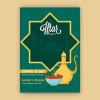 iftar Party Flyer oder Einladung Karte mit Arabisch Krug, Termine Schüssel auf Grün Moschee Hintergrund. vektor
