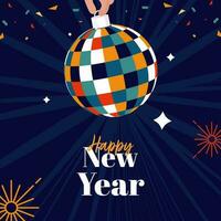 glücklich Neu Jahr Schriftart mit Hand halten bunt Disko Ball, Feuerwerk und Konfetti auf Blau Strahlen Hintergrund. vektor