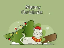 glad jul affisch design med tecknad serie katt bär santa keps och xmas träd falla på grön bakgrund. vektor