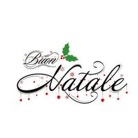fröhlich Weihnachten Kalligraphie geschrieben im Italienisch Sprache mit Stechpalme Beere, Schneeflocken auf Weiß Hintergrund. vektor