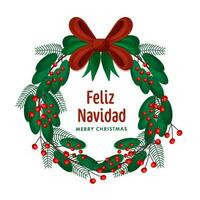 glad jul skriven i spanska språk på dekorativ xmas krans bakgrund. vektor