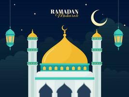Ramadan Mubarak Konzept mit Moschee Illustration, Halbmond Mond und hängend Laternen auf Blau Hintergrund. vektor