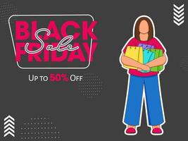 schwarz Freitag Verkauf Poster Design mit Aufkleber Stil weiblich halten Einkaufen Taschen. vektor