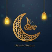 Arabisch Kalligraphie von Ramadan Mubarak mit golden Ornament Halbmond Mond und beleuchtet Laternen hängen auf Blau Hintergrund. vektor