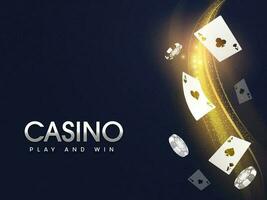 kasino spela och vinna begrepp med flygande ess kort, realistisk poker pommes frites och gyllene partiklar Vinka på blå bakgrund. vektor