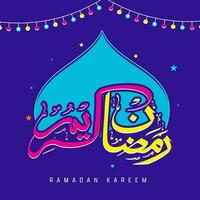 Ramadan kareem Kalligraphie im Arabisch Sprache mit Sterne auf Blau Hintergrund. vektor
