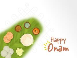 glücklich Onam Feier Konzept mit oben Aussicht von sadhya Essen auf Weiß Hintergrund. vektor