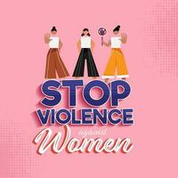 sluta våld mot kvinnor text med tecknad serie Tonårs flickor som visar sluta gest på rosa halvton bakgrund. vektor