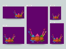 social media affisch eller mall design med lera kastruller full av torr Färg och vatten guns på lila bakgrund i fem alternativ. vektor