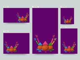 Sozial Medien Poster oder Vorlage Design mit Schlamm Töpfe voll von trocken Farbe und Wasser Waffen auf lila Hintergrund im fünf Optionen. vektor