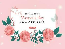 kvinnors dag försäljning affisch design med glansig rosa blommor och grön löv. vektor