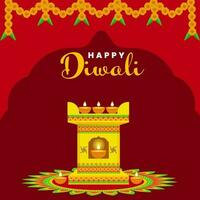Lycklig diwali firande begrepp med tulsi planter eller dyrkan båge dekorerad från belyst olja lampor på rangoli röd bakgrund. vektor