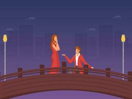 gesichtslos jung Mann vorschlagen zu seine Geliebte Freundin auf Brücke oder Seebrücke. vektor