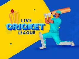 leva cricket liga affisch design med tecknad serie slagman spelare i verkan utgör på gul och blå bakgrund. vektor