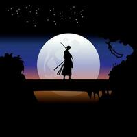 illustration vektor grafisk av samuraj Träning på natt på en full måne. perfekt för tapet, affisch, etc. illustration vektor stil, färgrik se bakgrund, ett bit, roronoa zoro