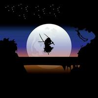 Illustration Vektor Grafik von Samurai Ausbildung beim Nacht auf ein voll Mond. perfekt zum Hintergrund, Poster, usw. Landschaft Hintergrund, Illustration Vektor Stil, bunt Aussicht Hintergrund, einer Stück