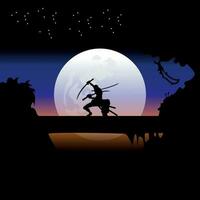Illustration Vektor Grafik von Samurai Ausbildung beim Nacht auf ein voll Mond. perfekt zum Hintergrund, Poster, usw. Illustration Vektor Stil, bunt Aussicht Hintergrund, einer Stück, Roronoa Zorro