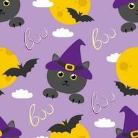 Vektor nahtlos Halloween Muster mit Katzen im Hexe Hut im Karikatur Stil mit Mond und Fledermäuse